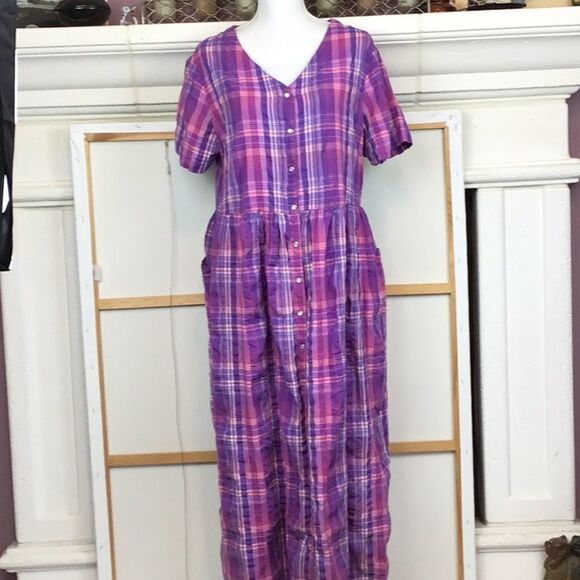VTG Plaid cotton Grandma snap dress w/pockets Mrs. Roper mint condition - Picture 1 of 9